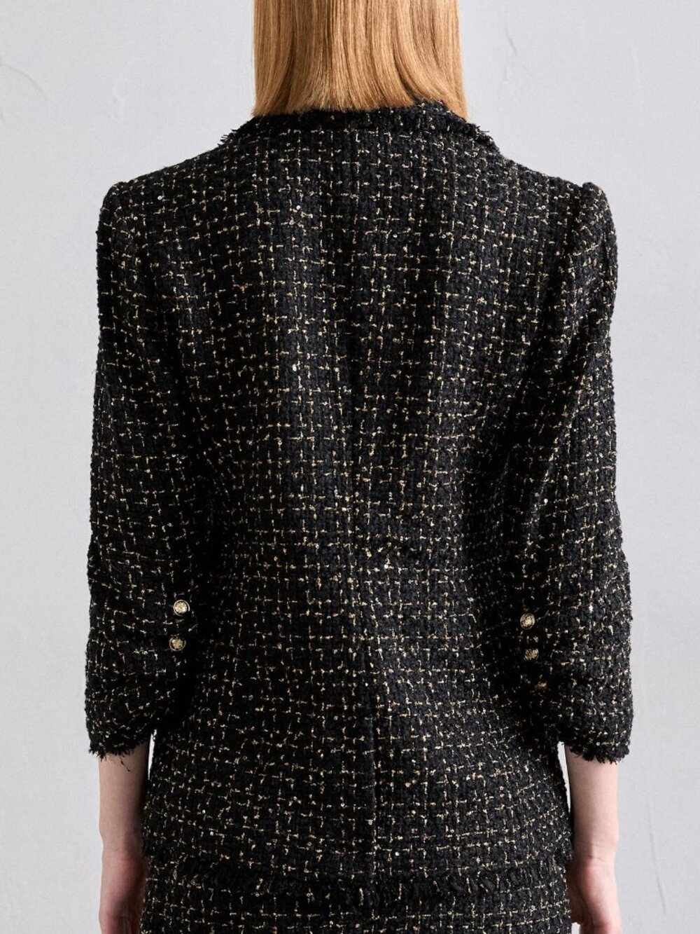 Cinq à Sept 'Khloe' Fringe-Trim Sylvie Boucle Blazer, Black/Gold - Picture 4 of 7